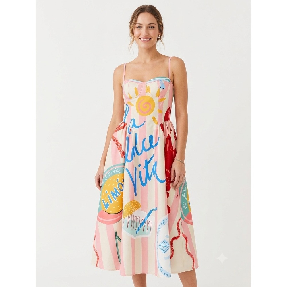 Nice To Meet You La Dolce Vita European Vacation Tropical Lemon Pockets Dress M - Picture 1 of 7
